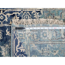 Load image into Gallery viewer, 2&#39;7&quot;x10&#39; Blue-Teal Erased Design Wool And Silk Hand Knotted Broken Persian Heriz Runner Oriental Rug FWR386136