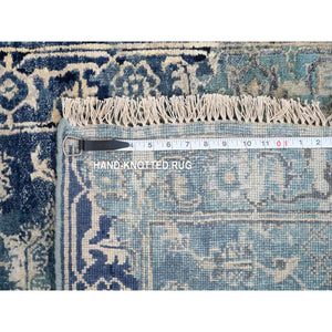 2'7"x10' Blue-Teal Erased Design Wool And Silk Hand Knotted Broken Persian Heriz Runner Oriental Rug FWR386136