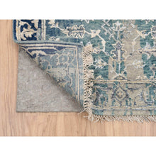 Load image into Gallery viewer, 2&#39;7&quot;x15&#39;9&quot; Blue-Teal Erased Design Wool And Silk Broken Persian Heriz Hand Knotted Oriental Runner Rug FWR386202