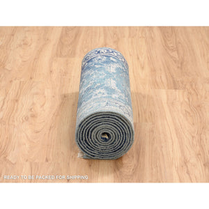 2'7"x15'9" Blue-Teal Erased Design Wool And Silk Broken Persian Heriz Hand Knotted Oriental Runner Rug FWR386202