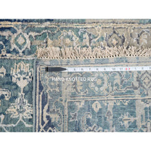 Load image into Gallery viewer, 2&#39;7&quot;x15&#39;9&quot; Blue-Teal Erased Design Wool And Silk Broken Persian Heriz Hand Knotted Oriental Runner Rug FWR386202