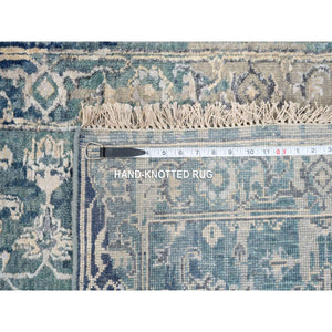 2'7"x15'9" Blue-Teal Erased Design Wool And Silk Broken Persian Heriz Hand Knotted Oriental Runner Rug FWR386202
