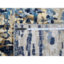 Load image into Gallery viewer, 2&#39;6&quot;x8&#39; Denim Blue Mosaic Design Wool and Silk with Mix of Gold, Hand Knotted Runner Persian Knot Oriental Rug FWR386220