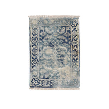 Load image into Gallery viewer, 2&#39;x3&#39; Blue-Teal Erased Design Wool And Silk Hand Knotted Broken Persian Heriz Oriental Mat Rug FWR386310