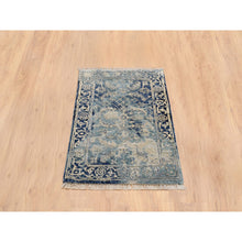 Load image into Gallery viewer, 2&#39;x3&#39; Blue-Teal Erased Design Wool And Silk Hand Knotted Broken Persian Heriz Oriental Mat Rug FWR386310