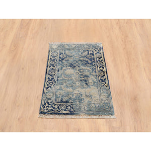 2'x3' Blue-Teal Erased Design Wool And Silk Hand Knotted Broken Persian Heriz Oriental Mat Rug FWR386310