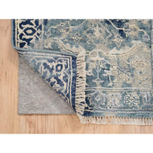 Load image into Gallery viewer, 2&#39;x3&#39; Blue-Teal Erased Design Wool And Silk Hand Knotted Broken Persian Heriz Oriental Mat Rug FWR386310