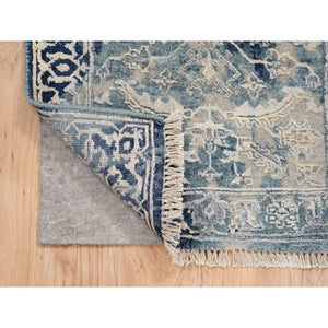 2'x3' Blue-Teal Erased Design Wool And Silk Hand Knotted Broken Persian Heriz Oriental Mat Rug FWR386310