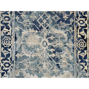 2'x3' Blue-Teal Erased Design Wool And Silk Hand Knotted Broken Persian Heriz Oriental Mat Rug FWR386310