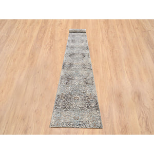 2'7"x22'3" Gray, Transitional Persian Influence Erased Medallion Design, Silk with Textured Wool Hand Knotted, XL Runner Oriental Rug FWR386538