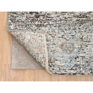 2'6"x20' Gray, Hand Knotted Transitional Persian Influence Erased Medallion Design, Silk with Textured Wool, XL Runner Oriental Rug FWR386544