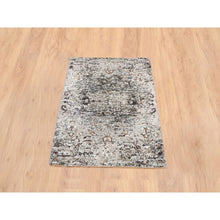 Load image into Gallery viewer, 2&#39;1&quot;x3&#39; Gray, Hand Knotted Transitional Persian Influence Erased Medallion Design, Silk with Textured Wool, Mat Oriental Rug FWR386562