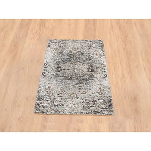 2'1"x3' Gray, Hand Knotted Transitional Persian Influence Erased Medallion Design, Silk with Textured Wool, Mat Oriental Rug FWR386562