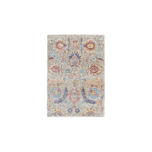 2'1"x3' Tan, Hand Knotted, Sickle Leaf Design Silk With Textured Wool, Mat Oriental Rug FWR386592