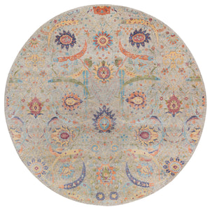 13'7"x13'7" Tan, Sickle Leaf Design Silk With Textured Wool Hand Knotted, Round Oriental Rug FWR386616