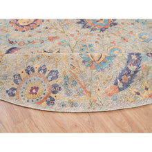 Load image into Gallery viewer, 13&#39;7&quot;x13&#39;7&quot; Tan, Sickle Leaf Design Silk With Textured Wool Hand Knotted, Round Oriental Rug FWR386616