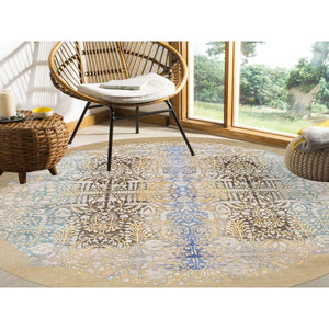 11'10"x11'10" Gold Brown, Hand Knotted Transitional Sarouk, Silk With Textured Wool, Round Oriental Rug FWR386628