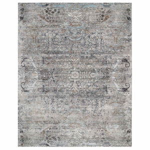 14'1"x14'1" Gray, Hand Knotted, Transitional Persian Influence Erased Medallion Design Silk with Textured Wool, Square Oriental Rug FWR386652