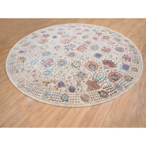 14'1"x14'1" Colorful, Hand Knotted Tabriz Vase With Flower Design, Silk With Textured Wool, Round Oriental Rug FWR386658