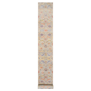 2'7"x22'2" Tan, Hand Knotted Sickle Leaf Design Silk With Textured Wool, XL Runner Oriental Rug FWR386670