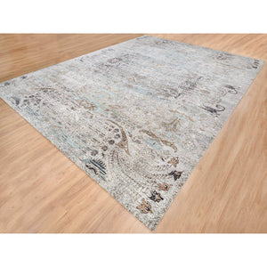 13'9"x18'1" Gray, Silk with Textured Wool Hand Knotted, Transitional Persian Influence Erased Medallion Design, Oversized Oriental Rug FWR386688