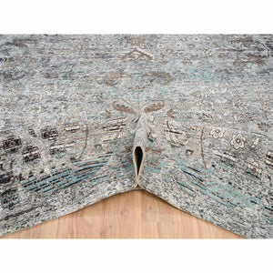 13'9"x18'1" Gray, Silk with Textured Wool Hand Knotted, Transitional Persian Influence Erased Medallion Design, Oversized Oriental Rug FWR386688