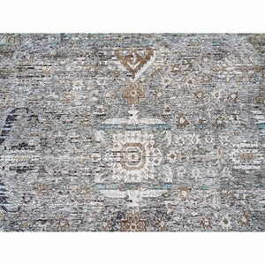 13'9"x18'1" Gray, Silk with Textured Wool Hand Knotted, Transitional Persian Influence Erased Medallion Design, Oversized Oriental Rug FWR386688