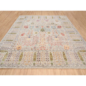 14'1"x14'1" Beige, Silk With Textured Wool Hand Knotted, Directional Vase Design, Square Oriental Rug FWR386694