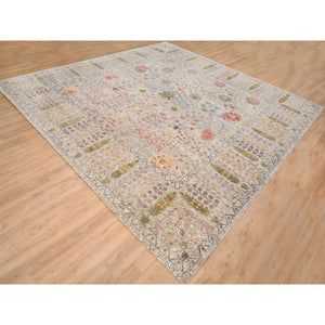 14'1"x14'1" Beige, Silk With Textured Wool Hand Knotted, Directional Vase Design, Square Oriental Rug FWR386694