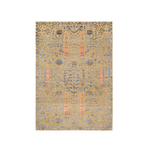 4'1"x6'2" Almond Brown, Hand Knotted Cypress Tree Design, Silk With Textured Wool, Oriental Rug FWR386724