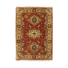 Load image into Gallery viewer, 2&#39;1&quot;x3&#39; Red-Gold, Karajeh Design, with Geometric Medallions Design, Hand Knotted, Pure Wool, Oriental Rug FWR387210