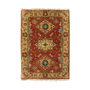2'1"x3' Red-Gold, Karajeh Design, with Geometric Medallions Design, Hand Knotted, Pure Wool, Oriental Rug FWR387210