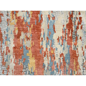 2'6"x17'8" Cream-Rust, Hand Knotted Abstract With Fire Mosaic Design, Wool And Silk, XL Runner Persian Knot Oriental Rug FWR387234