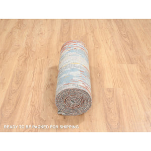 2'6"x17'8" Cream-Rust, Hand Knotted Abstract With Fire Mosaic Design, Wool And Silk, XL Runner Persian Knot Oriental Rug FWR387234