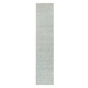 2'6"x12' Gray with Touches of Blue, Wool and Plant Based Silk Jacquard Hand Loomed, Tabriz Design, Runner Oriental Rug FWR387330