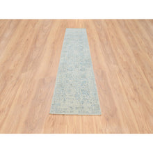 Load image into Gallery viewer, 2&#39;6&quot;x12&#39; Gray with Touches of Blue, Wool and Plant Based Silk Jacquard Hand Loomed, Tabriz Design, Runner Oriental Rug FWR387330