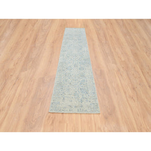 2'6"x12' Gray with Touches of Blue, Wool and Plant Based Silk Jacquard Hand Loomed, Tabriz Design, Runner Oriental Rug FWR387330