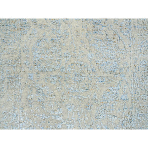 2'6"x12' Gray with Touches of Blue, Wool and Plant Based Silk Jacquard Hand Loomed, Tabriz Design, Runner Oriental Rug FWR387330