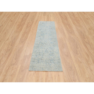 2'6"x8' Gray with Touches of Blue, Jacquard Hand Loomed, Tabriz Design Wool and Plant Based Silk, Runner Oriental Rug FWR387348