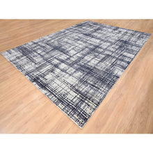 Load image into Gallery viewer, 10&#39;x13&#39;9&quot; Charcoal Black, Modern Erased Lines Design, Wool and Plant Based Silk Hand Loomed, Oriental Rug FWR387570