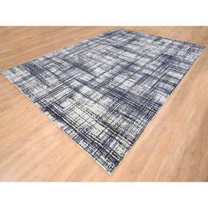 10'x13'9" Charcoal Black, Modern Erased Lines Design, Wool and Plant Based Silk Hand Loomed, Oriental Rug FWR387570