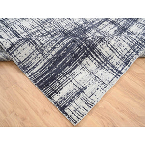 10'x13'9" Charcoal Black, Modern Erased Lines Design, Wool and Plant Based Silk Hand Loomed, Oriental Rug FWR387570