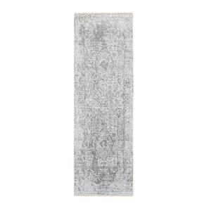 2'6"x7'10" Gray, Hand Knotted Broken Persian Design, Wool and Pure Silk, Runner Oriental Rug FWR387618