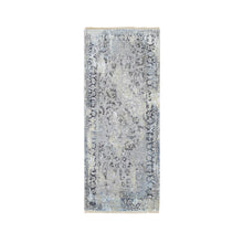 Load image into Gallery viewer, 2&#39;6&quot;x6&#39;1&quot; Gray and Blue, Hand Knotted Broken Kashan Design, Wool With Pure Silk, Runner Oriental Rug FWR387654