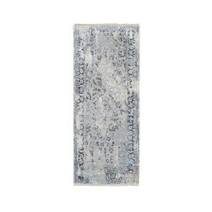 2'6"x6'1" Gray and Blue, Hand Knotted Broken Kashan Design, Wool With Pure Silk, Runner Oriental Rug FWR387654