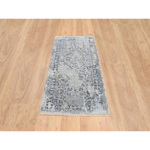 2'6"x6'1" Gray and Blue, Hand Knotted Broken Kashan Design, Wool With Pure Silk, Runner Oriental Rug FWR387654