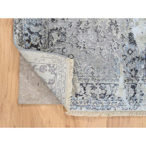 2'6"x6'1" Gray and Blue, Hand Knotted Broken Kashan Design, Wool With Pure Silk, Runner Oriental Rug FWR387654