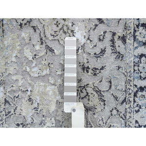 2'6"x6'1" Gray and Blue, Hand Knotted Broken Kashan Design, Wool With Pure Silk, Runner Oriental Rug FWR387654