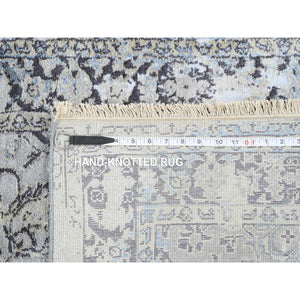 2'6"x6'1" Gray and Blue, Hand Knotted Broken Kashan Design, Wool With Pure Silk, Runner Oriental Rug FWR387654