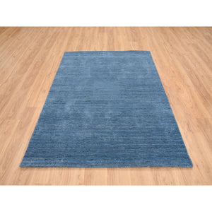 5'x7'1" Denim Blue, Hand Loomed, Tone on Tone, Modern Design Soft and Plush Wool, Oriental Rug FWR387696